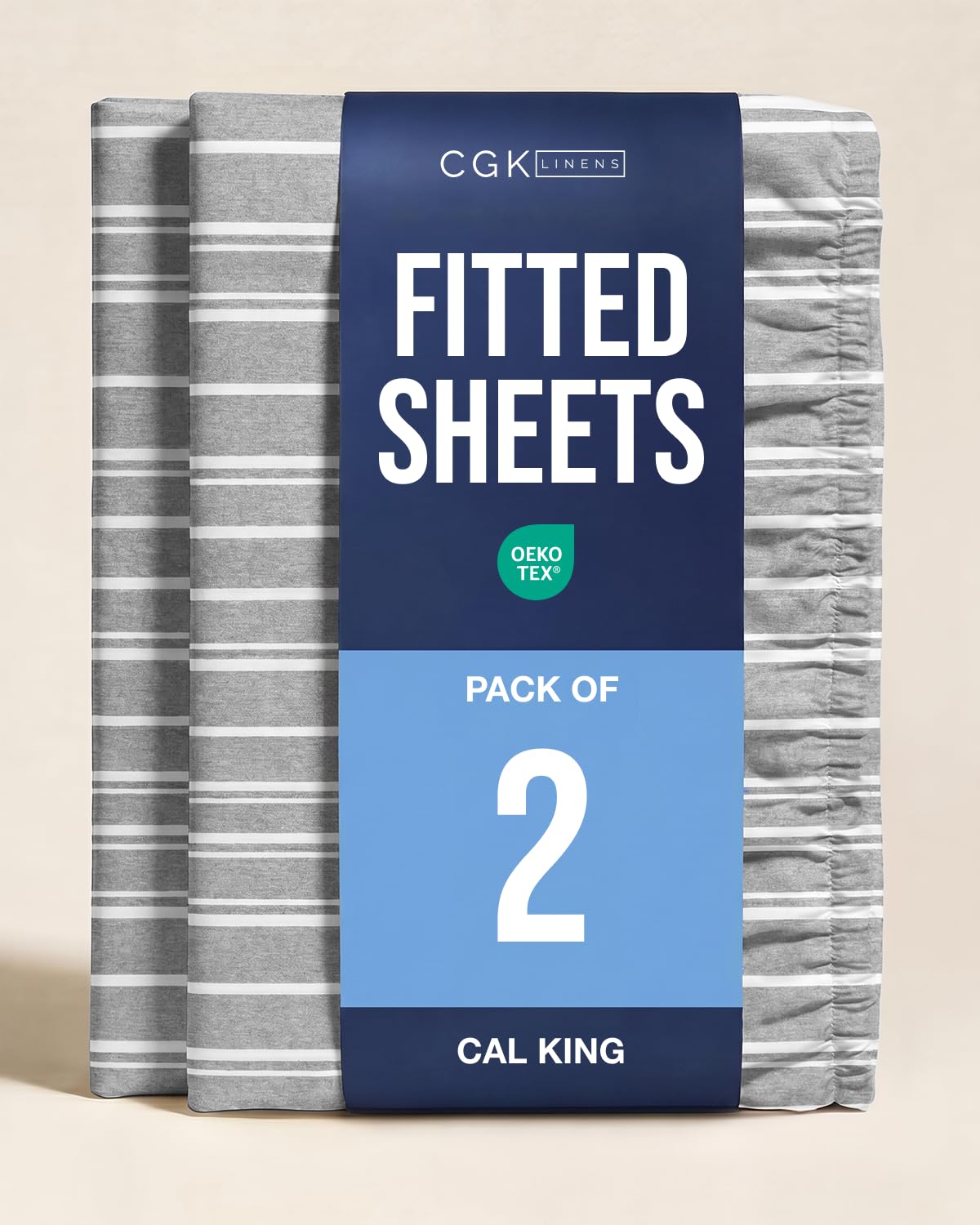Cal King Fitted Sheet - Pack of 2 Single Fitted Bottom Sheet - Grey Stripes
