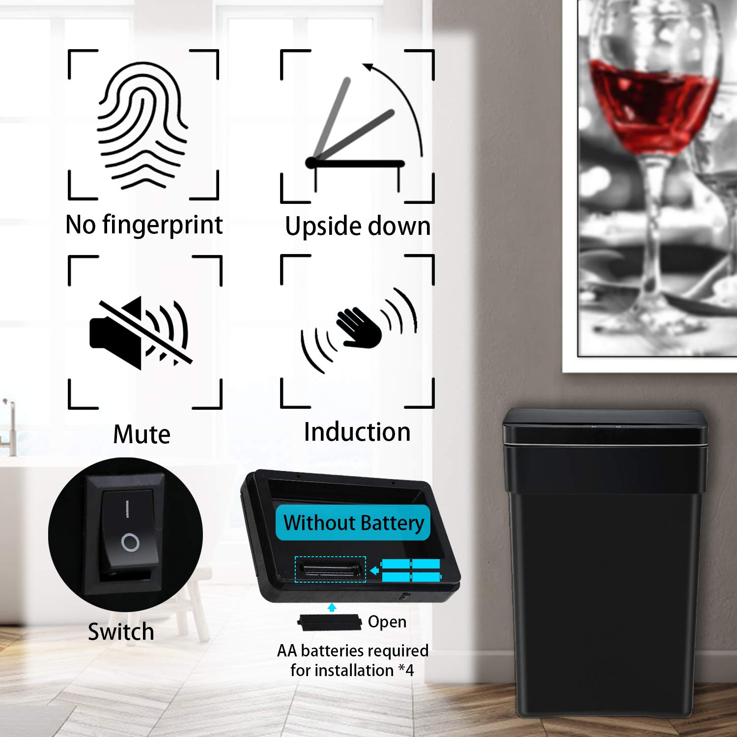 HCB Trash Can Automatic Garbage Can Plastic Touch Free Waste Bins 13 Gallon/50 Liter with Lid for Kitchen, Office, Living Room, Bathroom?Black?