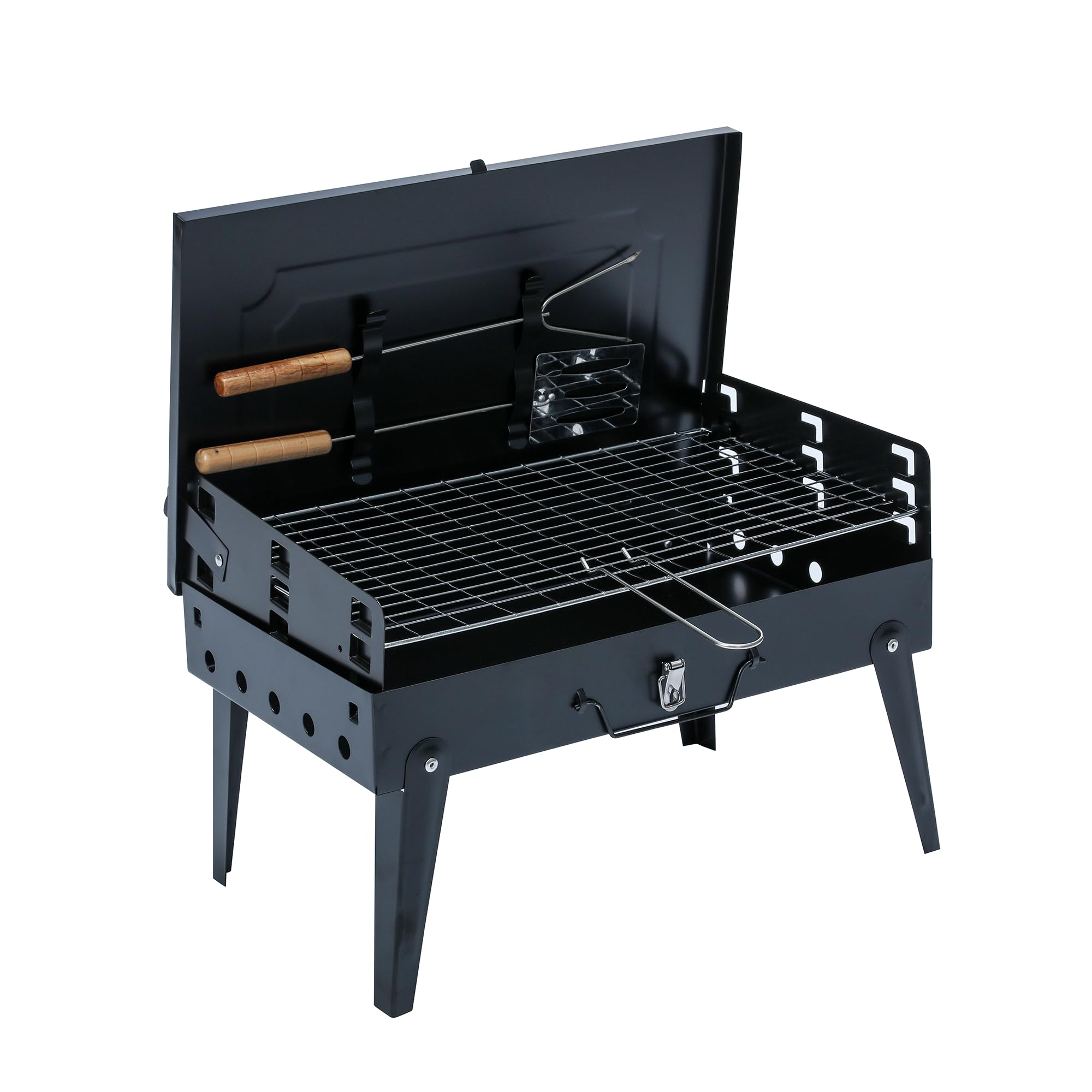 VIROSA 44 × 27 × 22 cm Portable Briefcase Charcoal BBQ Grill – Folding Suitcase Barbecue, Heavy-Duty Steel Tabletop Smoker with Tongs & Spatula for Camping, Hiking & Garden