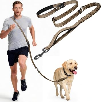 Hands Free Dog Leash by Kazazoo, Adjustable 5.8-8.5FT Heavy Duty Bungee Waist Leash, Reflective Stitches & Quick Off Bucklefor Walking, Jogging,Medium to Large Dogs Up to 150 lbs M Size Brown