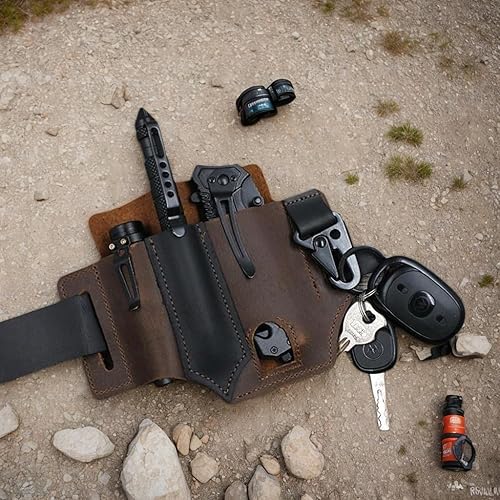 Miniatura 5 de Funda y funda multiherramienta de cuero  Bolsa de cinturón EDC para linterna, bolígrafo, llaves  Organizador hecho a mano para camping, senderismo y