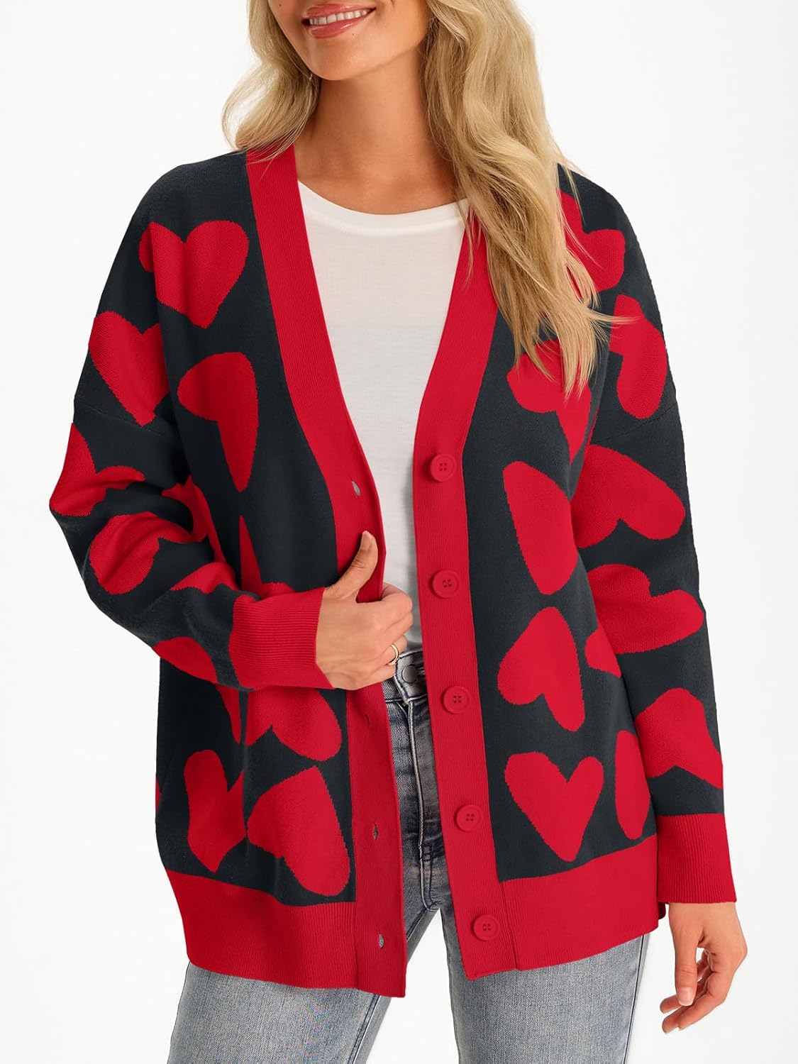 Saodimallsu Womens Heart Cardigan Sweaters Cute Valentines Oversized V Neck Button Up Winter Sweater Coats - Image 3