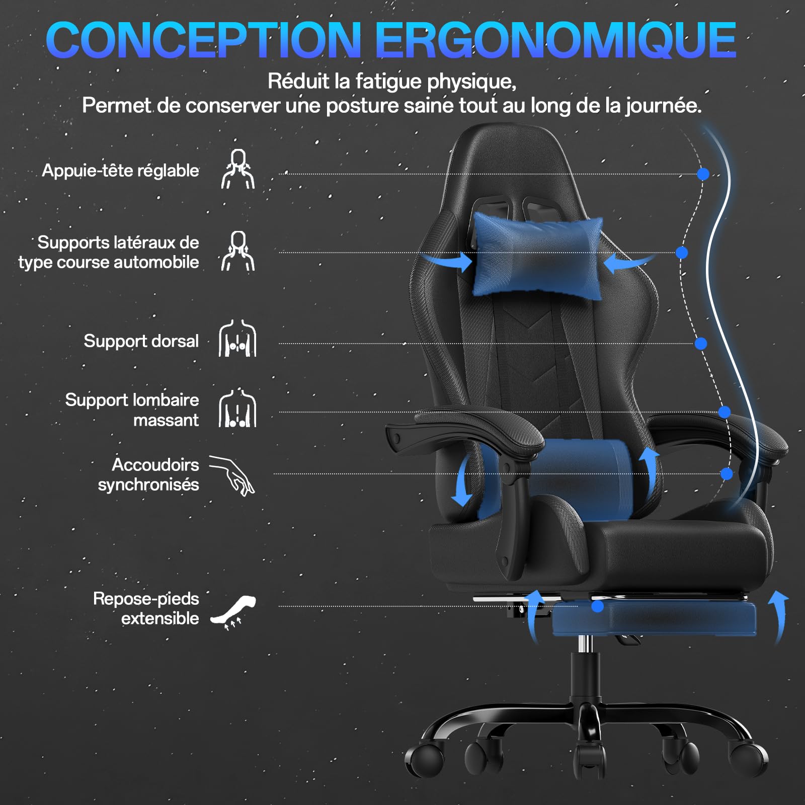 JUMMICO Chaise de gaming ergonomique avec coussin lombaire de massage - Dossier réglable de 90 à 135 ° et repose-pieds - Charge maximale : 150 kg - Noir