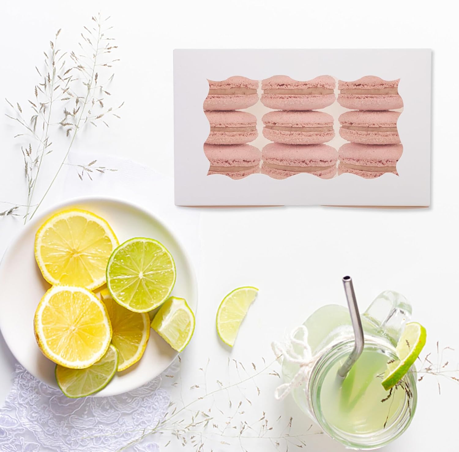 LOLIPPYY 50pcs Macaron Dessert Boxes with Window, Rectangular Kraft Paper Cookie Packaging, Pastry Favor Boxes for Bakery and Party Supplies