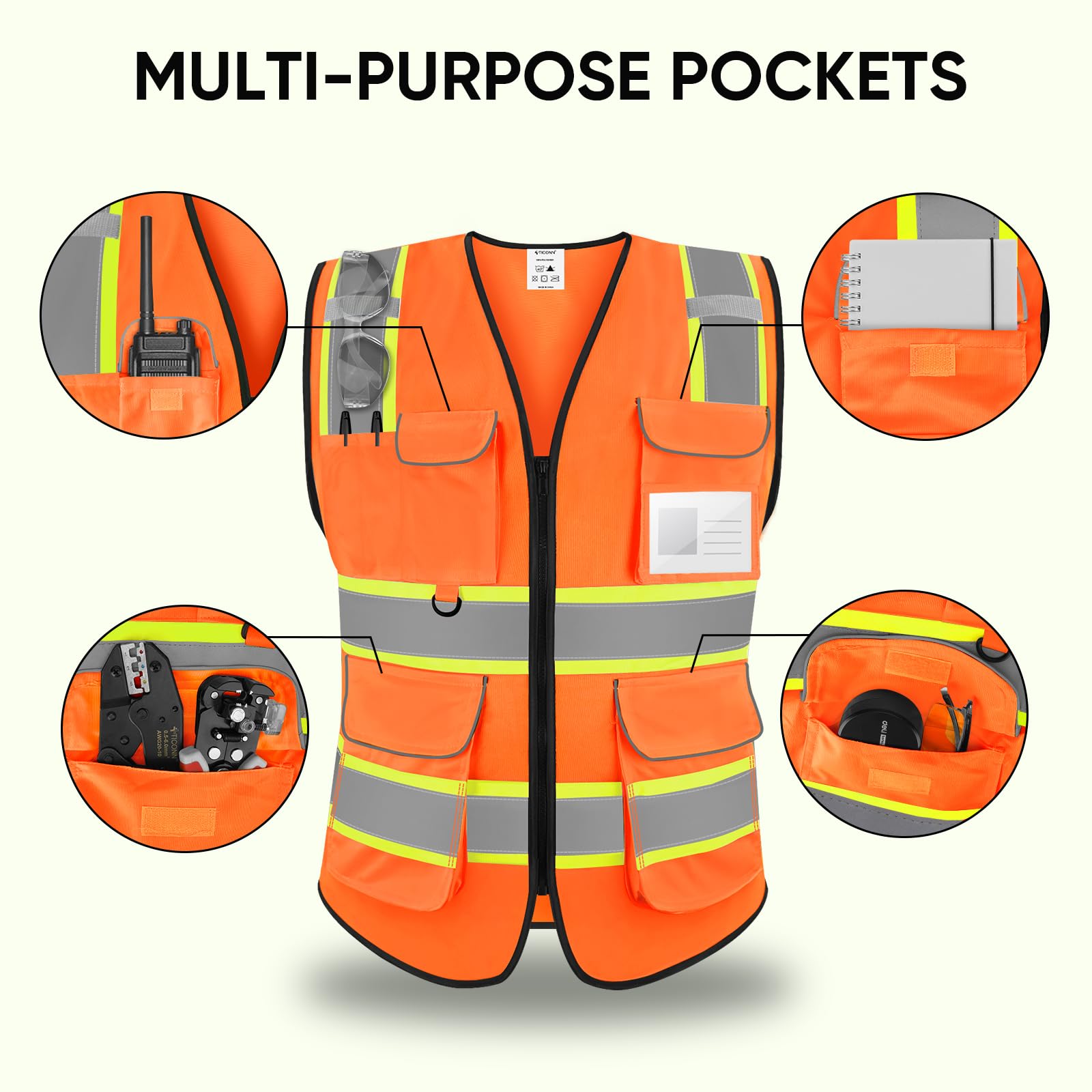 TICONN Gilet di sicurezza riflettente ad alta visibilità Classe II Gilet in poliestere per donne e uomini soddisfa gli standard ANSI, arancione-poliestere, M, Arancione-poliestere, M