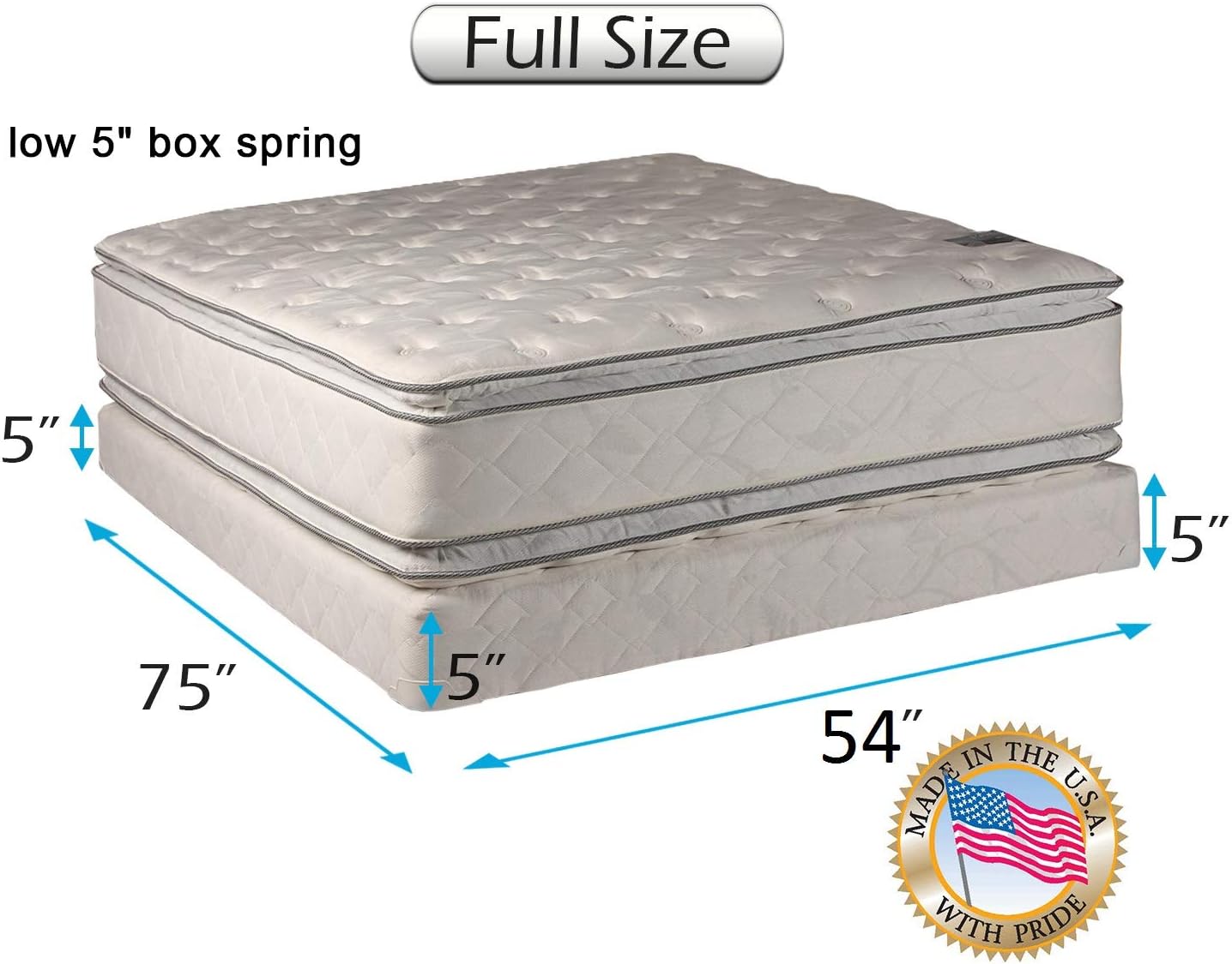 Dream Solutions Brand Soft PillowTop 2-Sided Full Mattress and Low Height Box Spring Set with Mattress Cover Protector Included - Sleep System with Enhanced Cushion Support, Longlasting