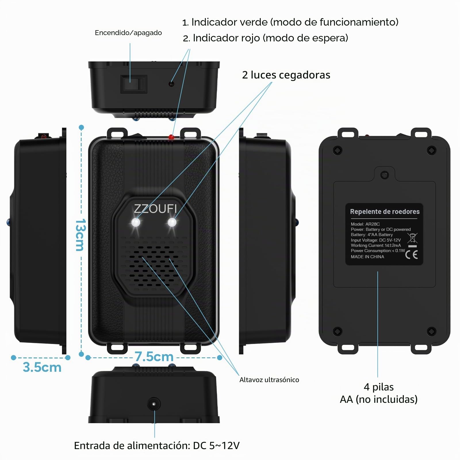 Ahuyentador de Ratones Ultrasónico para Coche, Repelente de Roedores para Coche, Repelente de Martas para Motor de Coche, Garaje, Ático, Alimentación - Batería Vehículo 12 V, Pila AA o USB