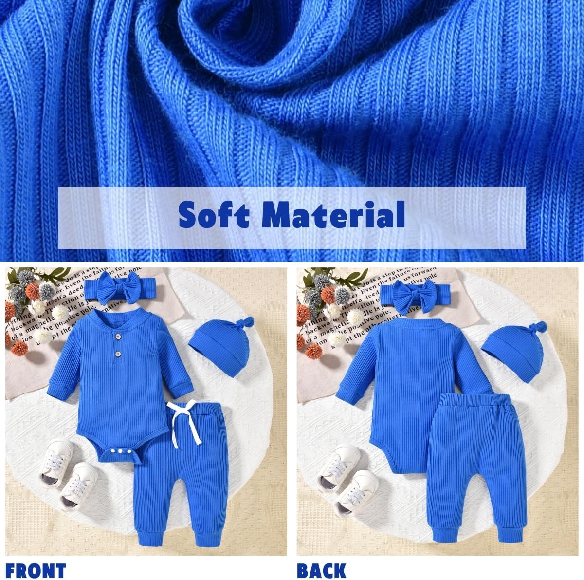 Aalizzwell Gender Neutral Long Sleeve Baby Ribbed Outfit with Hat & Headband - Image 3