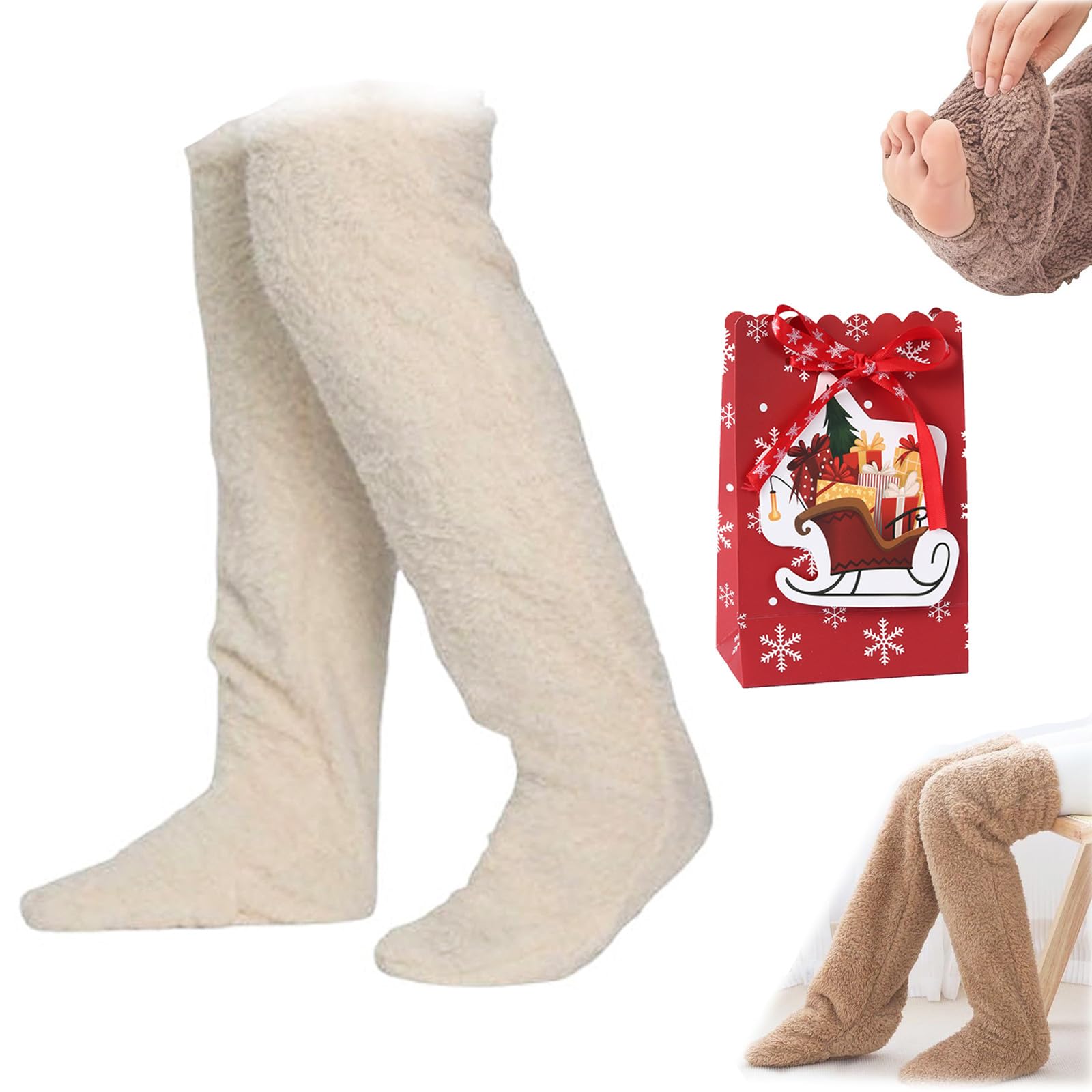 NNBWLMAEE Goose Down Knee Socks for Christmas, Socks Long Fuzzy Thigh High Warm, Thickened Goose Down Leg Warming Knee socks, Plush Warmth Long socks, for the Winter, Adult Men and Women (off-white)