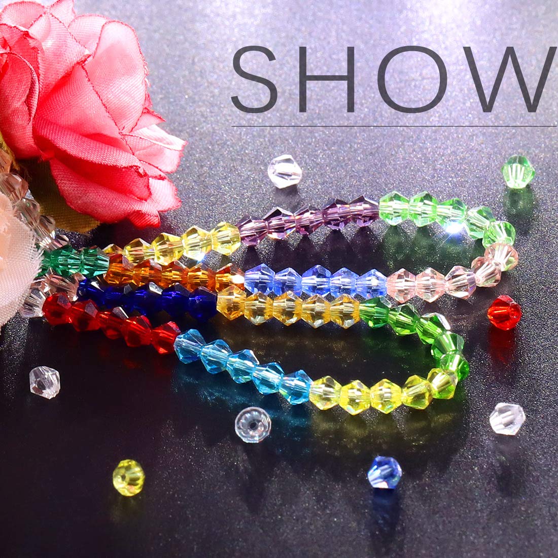 Swpeet 1802Pcs 4MM Glass Bicone Crystal Beads Kit Including Bicone Crystal Glass Beads With Threading Needles And Elastic String Cord For DIY Beading