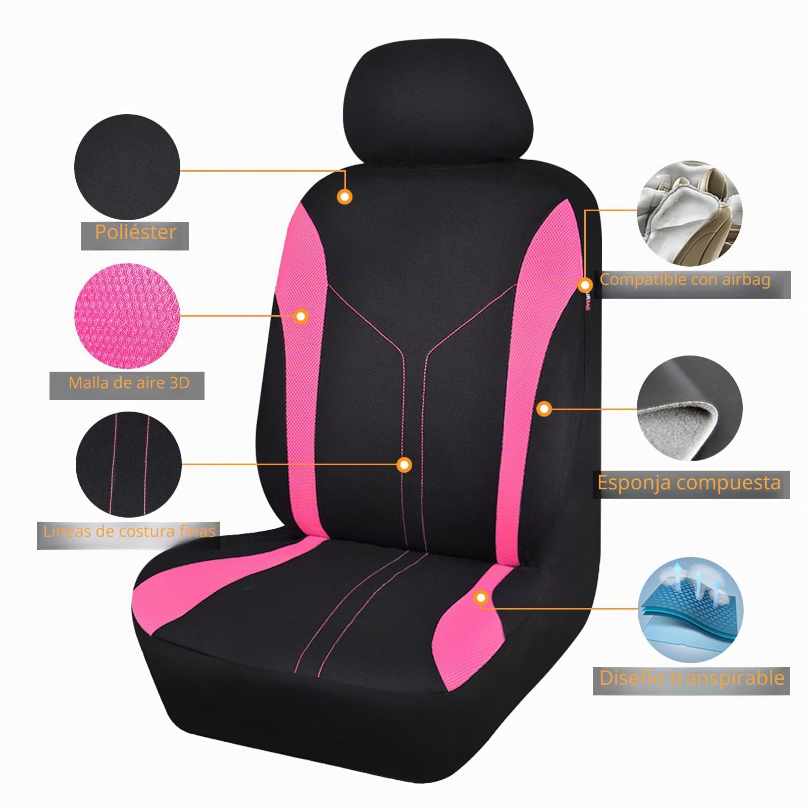 Flying Banner Juego de Fundas de Asiento de Coche de Ajuste Universal, Funda de poliéster de Empalme de Tela de Malla (Juego Completo, Negro con Rosa)