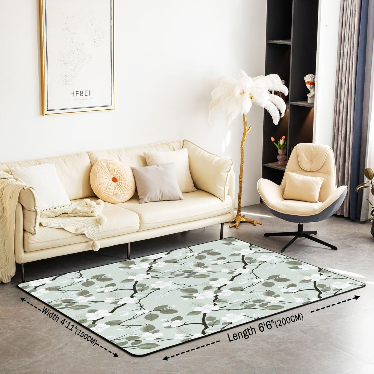 Homewish Tapis Salon 100x150cm Fleurs Boho Tapis Chambre Feuilles Floral Printemps Tapis Sol Botanique Vert Sauge Décoration D'Intérieur Branche d'arbre