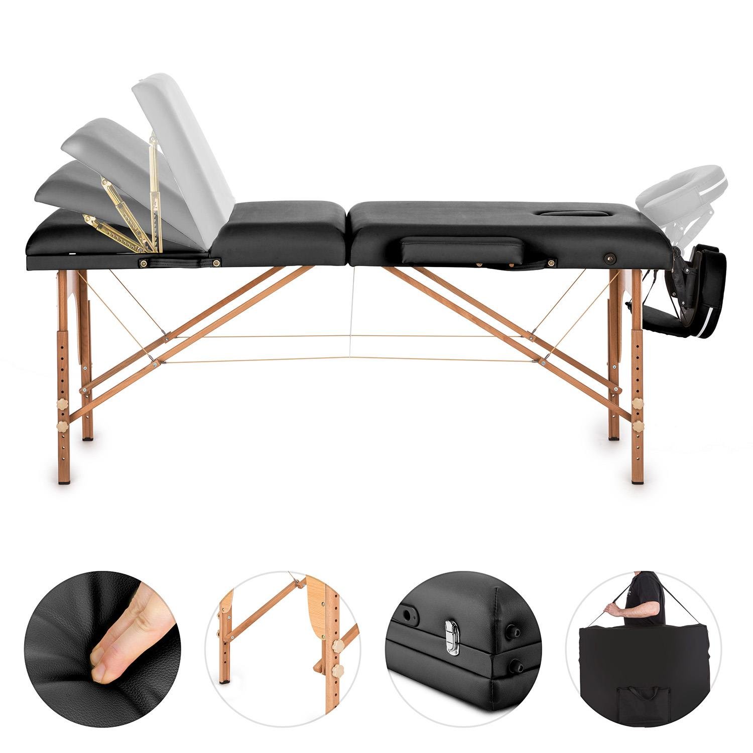 KLAR FIT MT 500 Lettino da Massaggio Portatile - Lettino Estetista 210cm, Peso Massimo 200 kg, Due Poggiatesta, Schienale 10 Regolazioni, Apertura Viso, Ripiegabile, con Borsone, Nero
