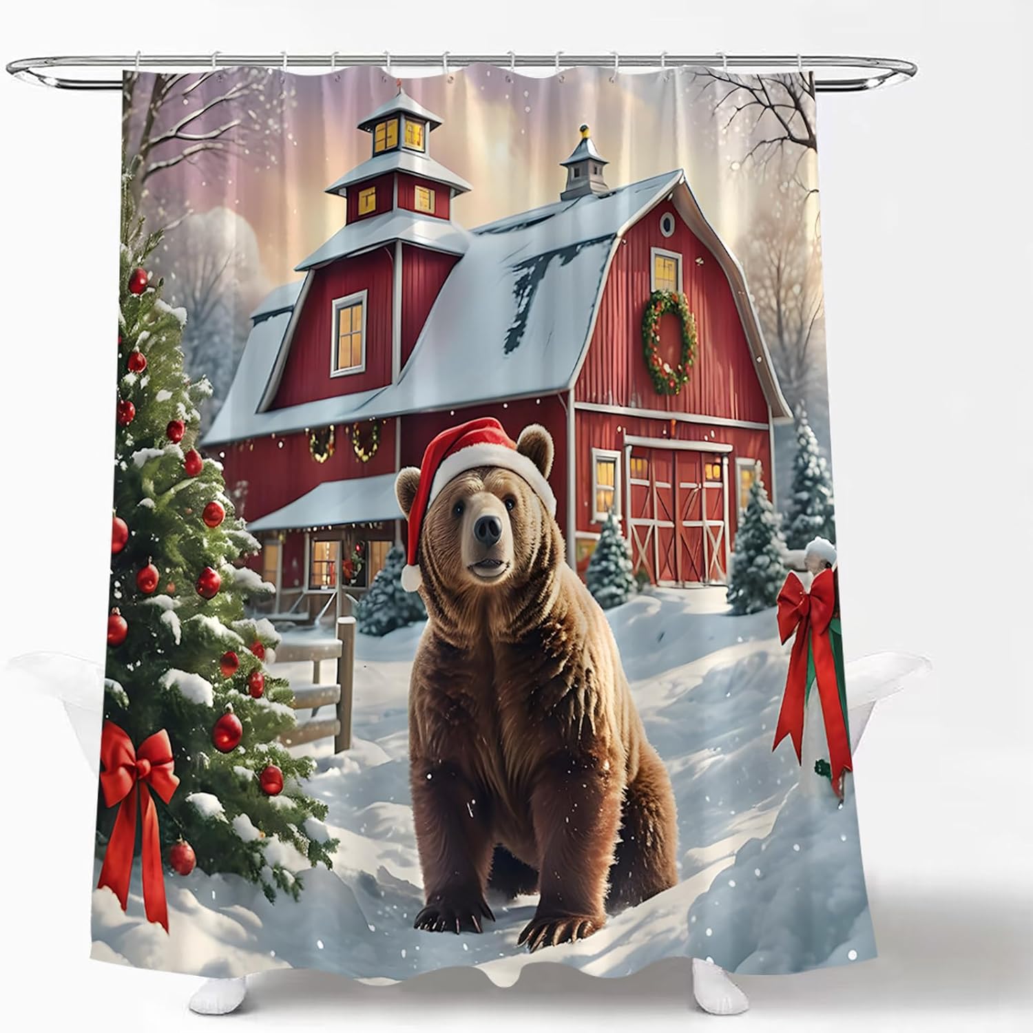 Rustic Christmas Bear Shower Curtain Farmhouse Wild Animal Barn Door Nature Xmas Tree Snow Forest Winter Holiday Vintage Decor Bathroom Curtain Set with Hook