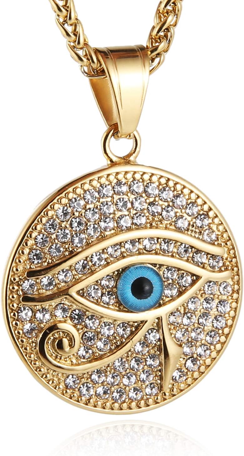 HZMAN 18k Gold Plated Eye of Horus Necklace Eye of Ra Egypt Protection Dog Tag Pendant Stainless Steel Necklace Jewelry Gift