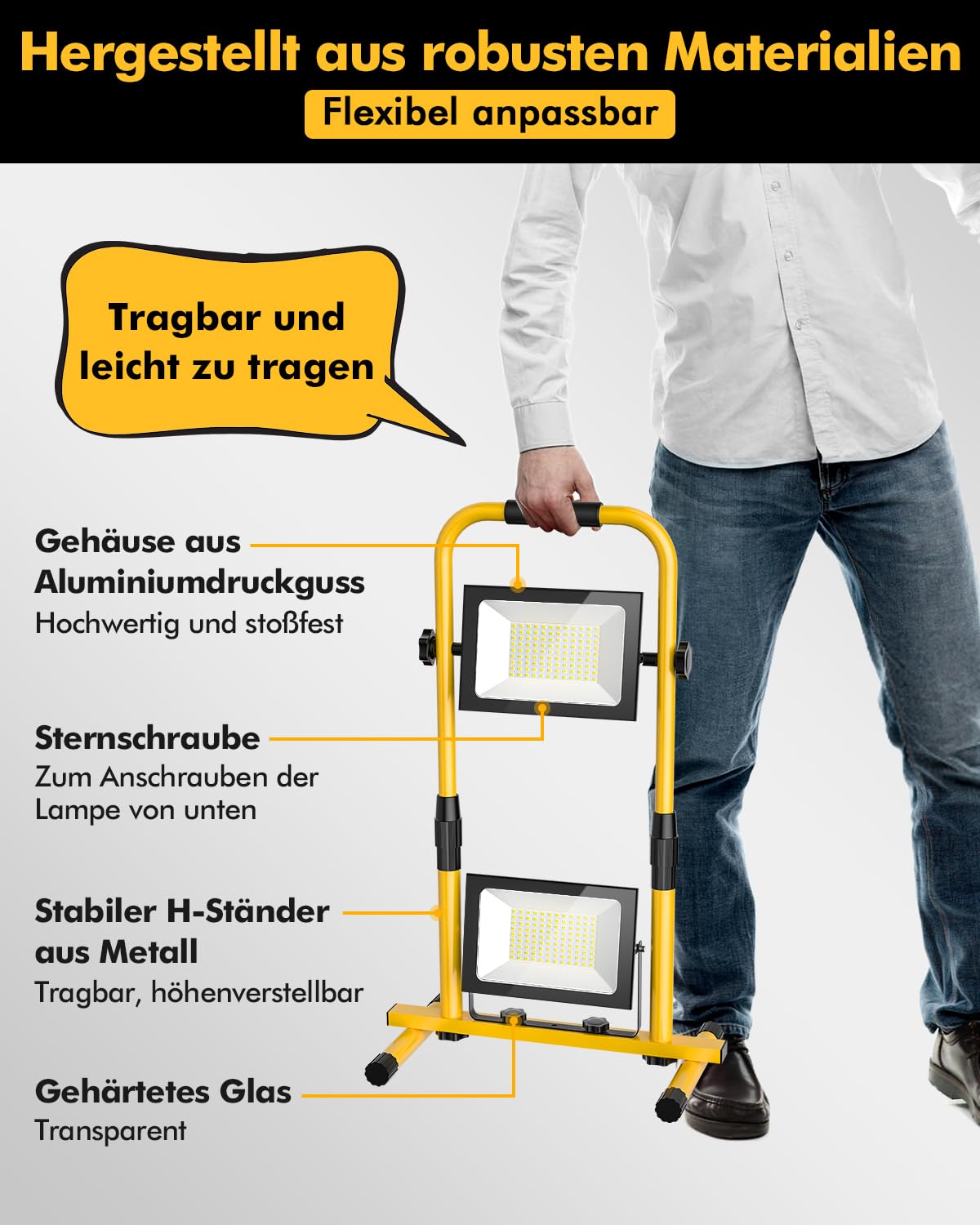 Baustrahler LED mit Einstellbar Stativ 200W,20000LM Baustellenlampe mit 3M Kabel Stecker und Schalter,6500K Kaltweiß LED Arbeitsleuchte,IP66 Wasserdicht Tragbar Baulampe für Werkstatt Baustelle