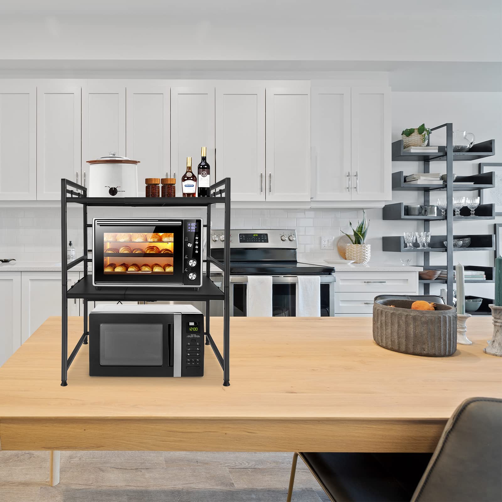 LARS360 Étagère à Micro-Ondes Extensible avec 3 Niveaux en Acier au Carbone, Support pour Micro-Ondes avec 8 Crochets Suspendus pour Cuisine et Rangement (Noir) LARS-(HAG2483D)
