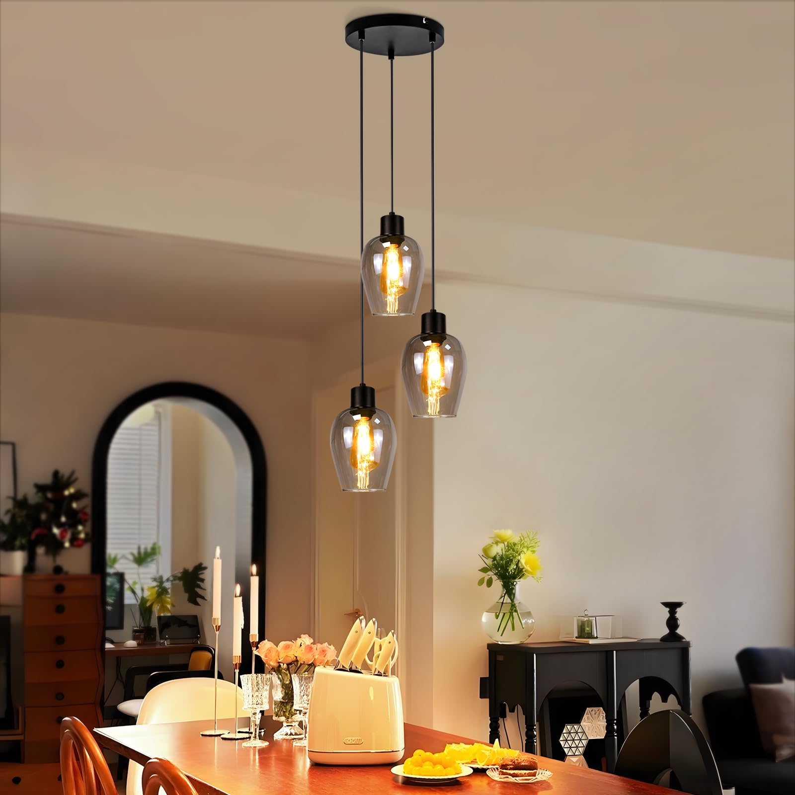 Lámpara Colgante Industrial de 3 luces Lámpara E27 de techo | colgante retro cristal ahumado para comedor dormitorio sala de estar (bombilla no incluida)