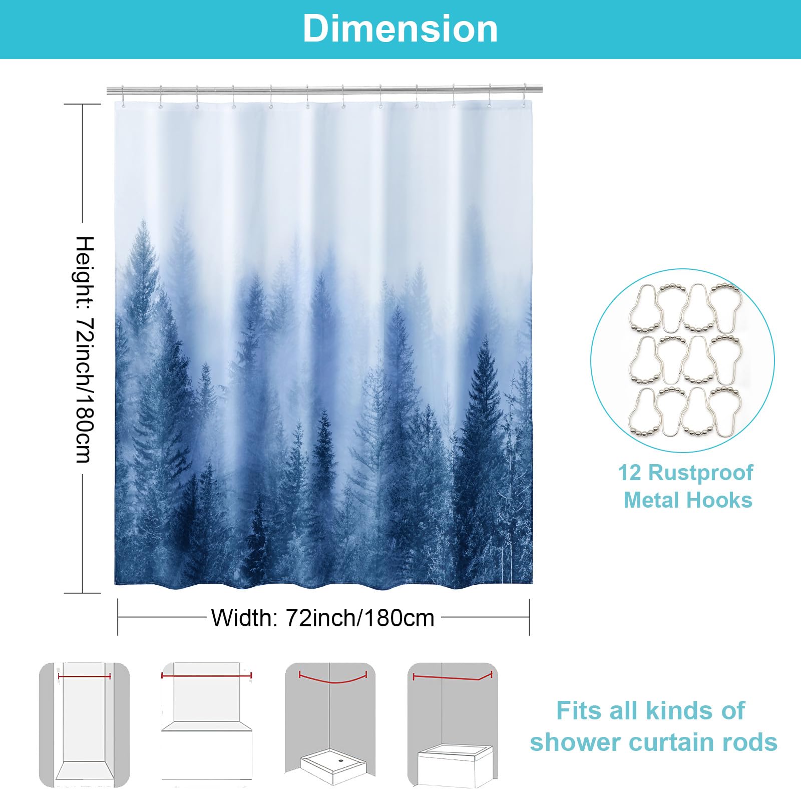 ORTIGIA Blue Misty Forest Shower Curtains,Nature Mountain Shower Curtain,Woodland Shower Curtain,Fantasy Fog Tree Bath Curtain for Bathroom,Waterproof Polyester Fabric-72 Wx72 L-with Hooks - Image 2