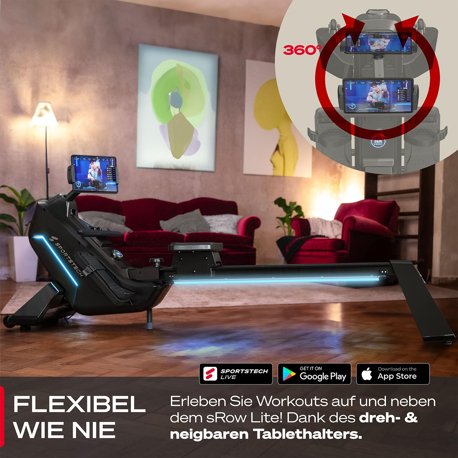 Sportstech sRow Lite Rudergerät für Zuhause klappbar, leises Magnetbremssystem, 24 Widerstandsstufen, LED-Knob-Display mit Feedback, Sportstech Live App, drehbarer Tablethalter, Rudermaschine