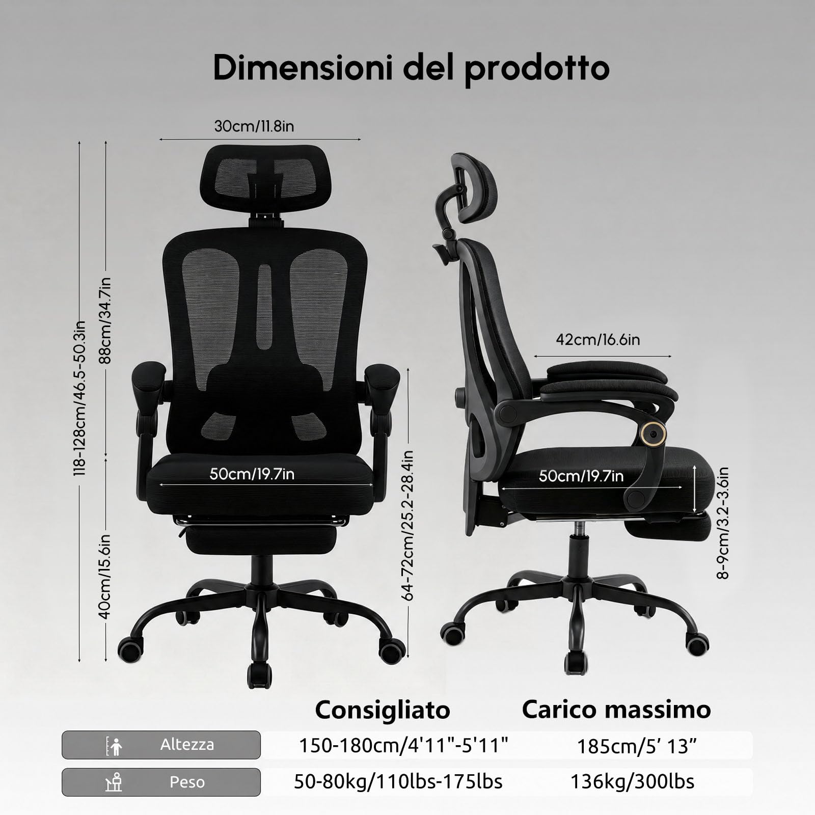 Sedia da Ufficio Ergonomica, Sedia da Scrivania con Schienale in Rete Traspirante,Sedia computer con Poggiapiedi, Supporto Lombare e Altezza Regolabile per Home,adulti, 150 kg, Nero