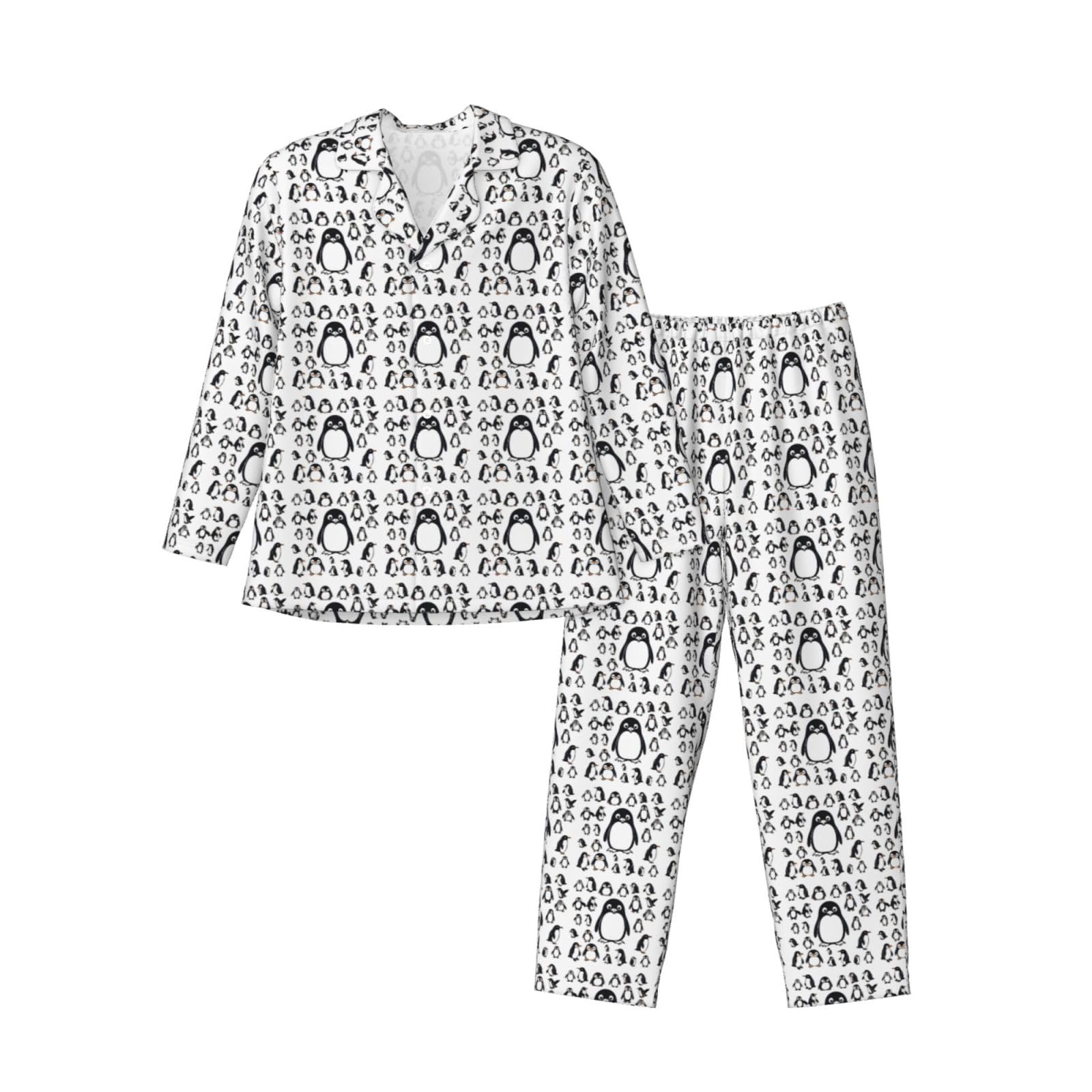 Langärmeliges Pyjama-Set für Herren, niedlicher Pinguin-Druck, zweiteilig, Hauskleidung, bequeme Nachtwäsche