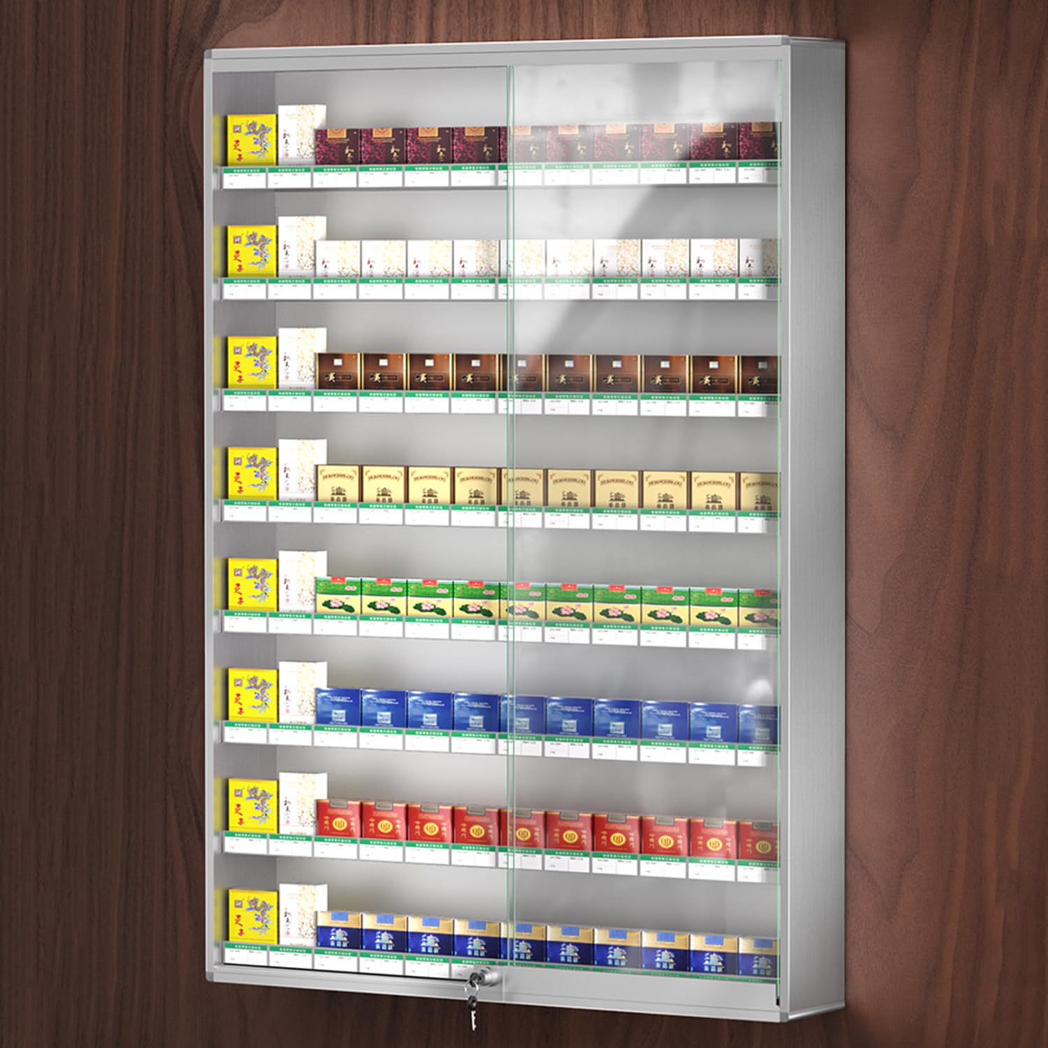 Présentoir mural à cigarettes avec porte coulissante à verrouillage, armoire à 6 niveaux en alliage d'aluminium, 10 colonnes pour vente au détail ou à la maison, étagère de rangement sécurisée pour