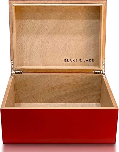 Blake & Lake Caja de recuerdo de madera con tapa, caja de almacenamiento de madera con tapa con bisagras, caja del tesoro roja para el hogar, cajas