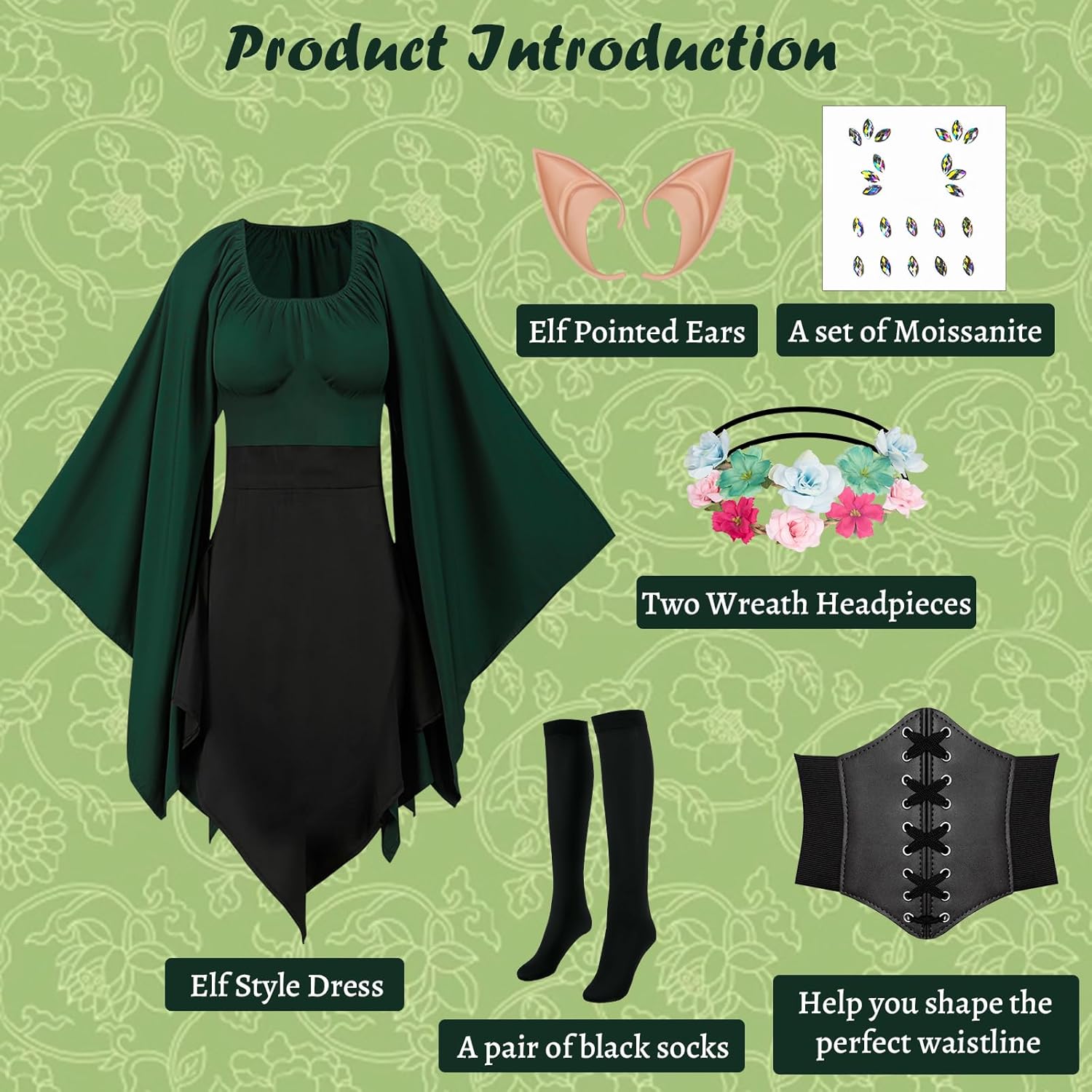 6Pcs Women Elf Costume Renaissance Traditional Irish Fairy Dress With Elf Accessories Set for Halloween Cosplay - Image 4