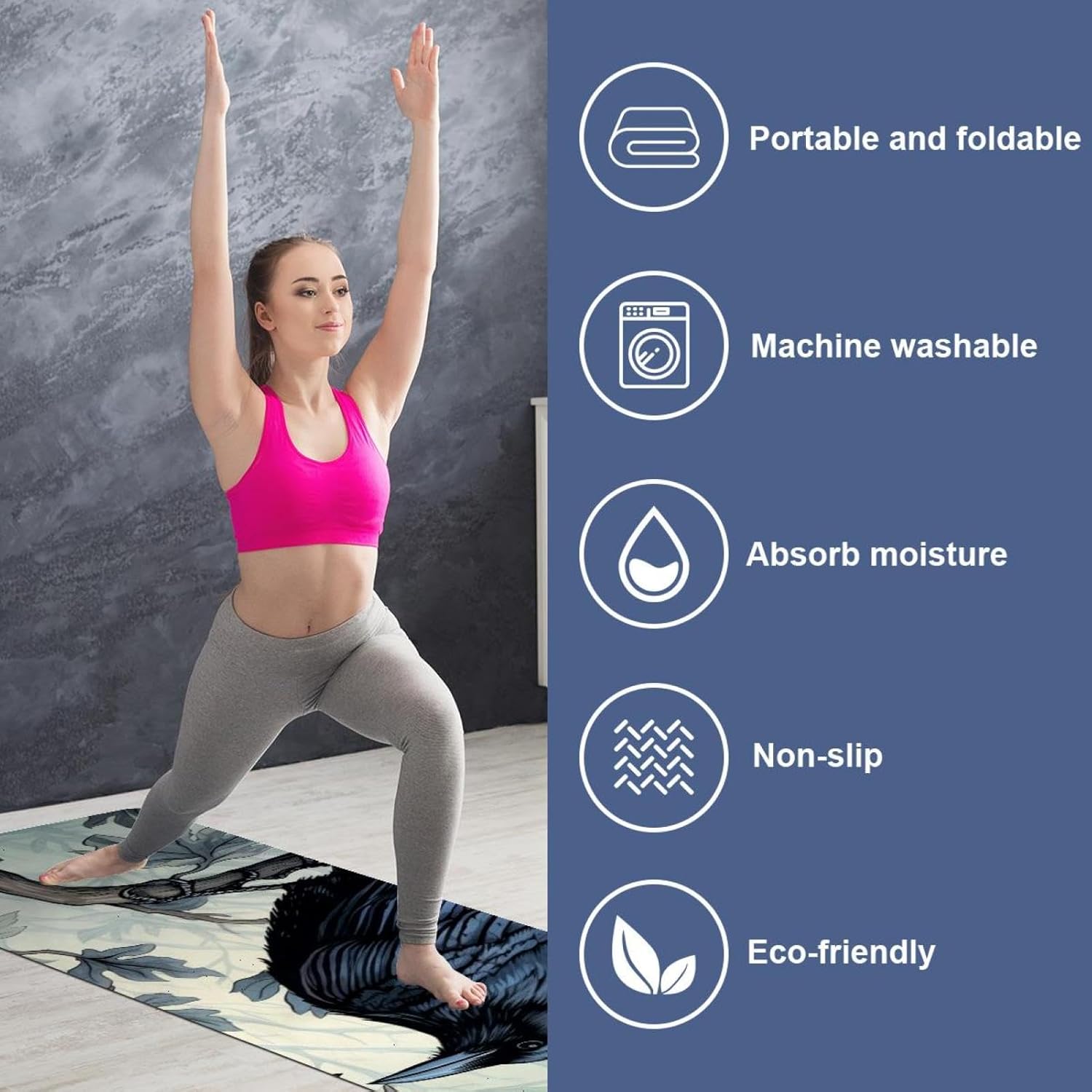 Yoga Towel, Black Crow Pattern Non Slip Sweat Absorbent Hot Yoga Mat Towel for Hot Yoga, Pilates and Fitness - 72.8" x 26.8"