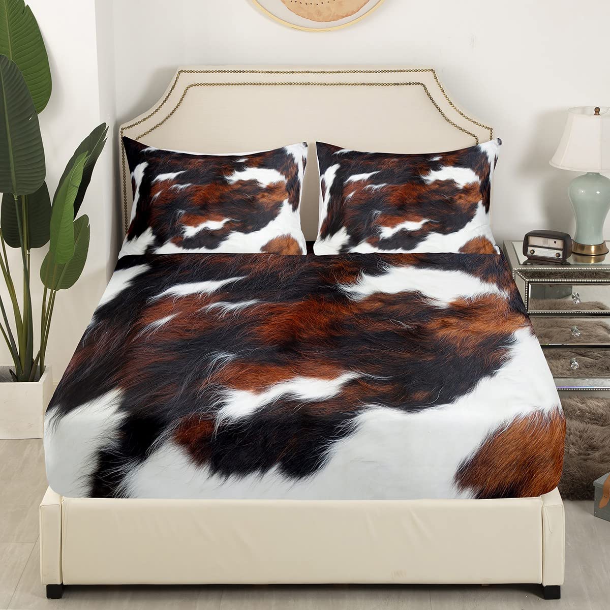 Juego de sábanas con estampado de piel de vaca para niños, color marrón y blanco, con bolsillo profundo, sábana bajera ajustable, juego de sábanas de animales de granja, juego de ropa de cama