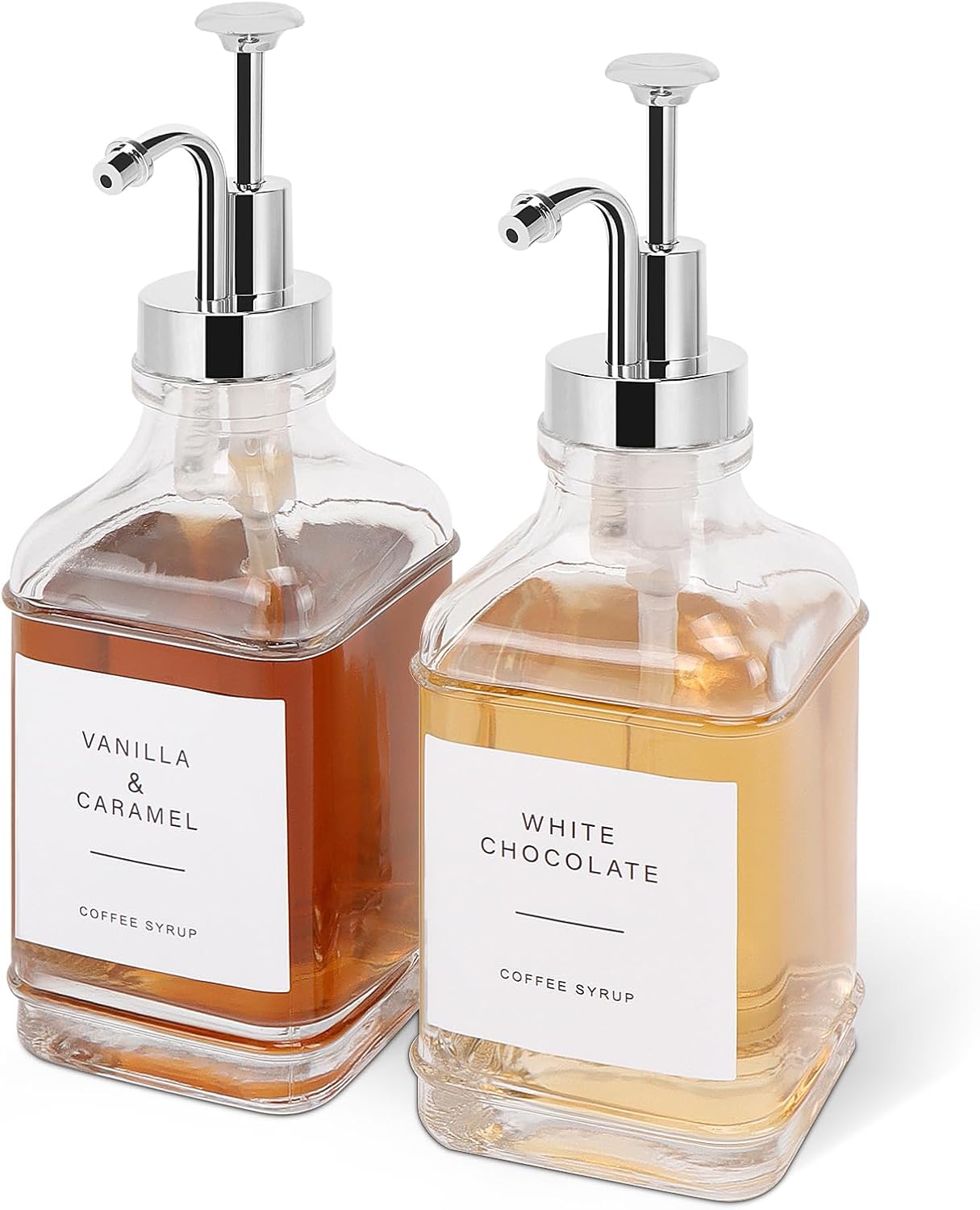 coffee syrup dispenser for coffee bar, clear glass syrup bottles with pump, refillable maple syrup storage, coffee station accessories and organizer, 500ml, set of 2 (chrome finish) chrome finish 500ml, set of 2