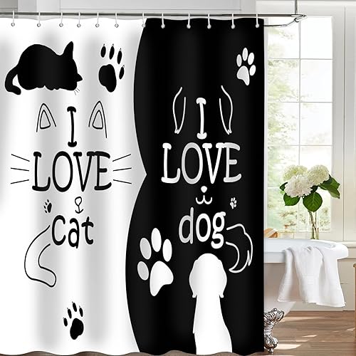Yieldeer Cortina de ducha en blanco y negro con texto en inglés "I Love Cat Dog" para baño, divertido juego de cortina de ducha con estampado de
