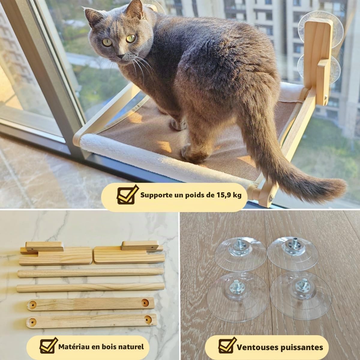 Perchoir de fenêtre Pliable en Bois Naturel pour Chat, hamac de 41,9 x 30,5 cm, Limite de Poids de 15,9 kg