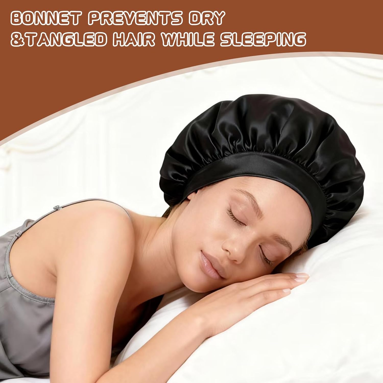 2Pcs Satin Hair Bonnets,Silk Bonnet for Sleeping, Soft Elastic Band Silk Sleep Cap, Hair Wrap for Women (Gold Black) - Image 2