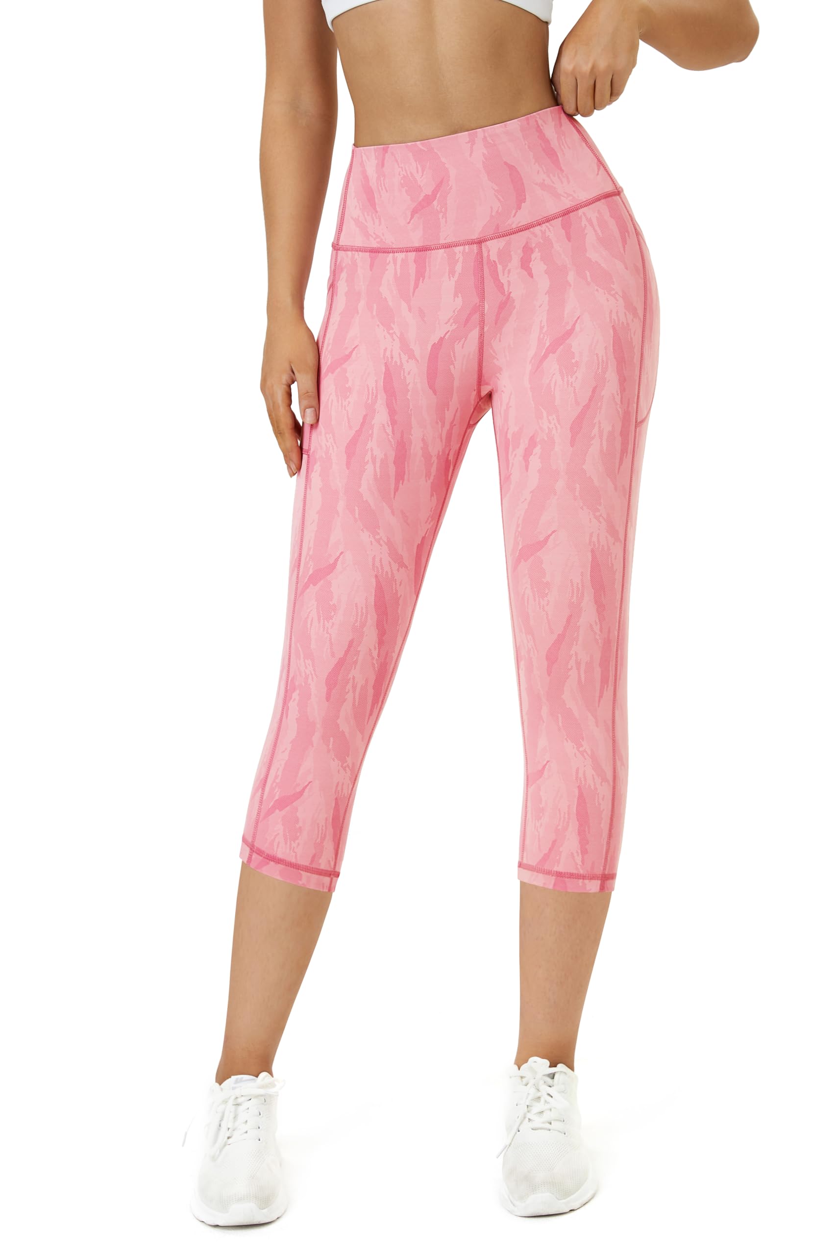 Neonysweets Women's Printed Yoga Pants Capris High Waist Tummy Control Workout Pants Leggings with Pockets Pink Printed M