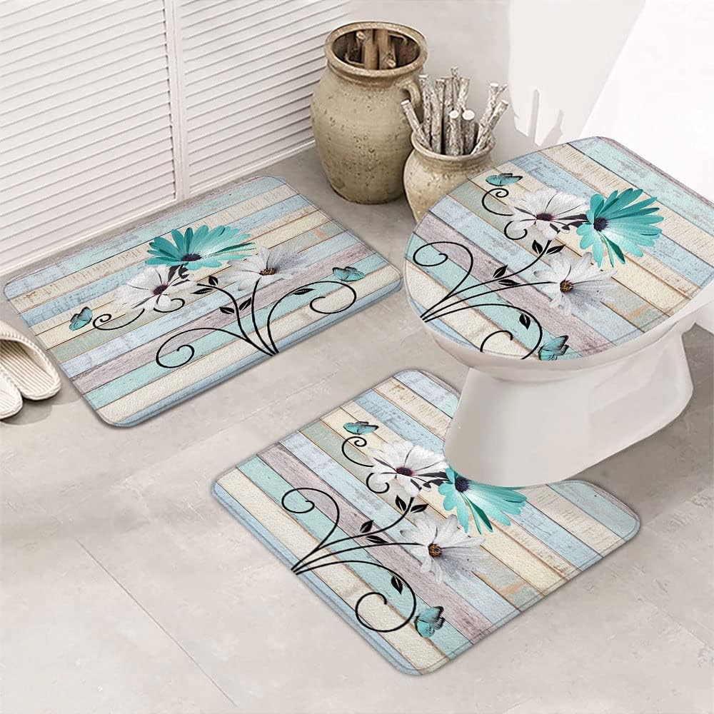 Rustic Teal Daisy Floral Farmhouse Farm Flowers Bath Rugs for Bathroom, Country Wooden Turquoise Vintage Antique Non Slip Flannel Bathroom Rug, Dry Fast Water Absorbent Bath Mats
