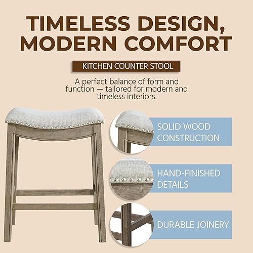 Miniatura 3 de ROME + OAK Parker Taburete de 26 pulgadas, taburete de cocina sin respaldo en acabado de roble recuperado con asiento acolchado de tela gris ceniza