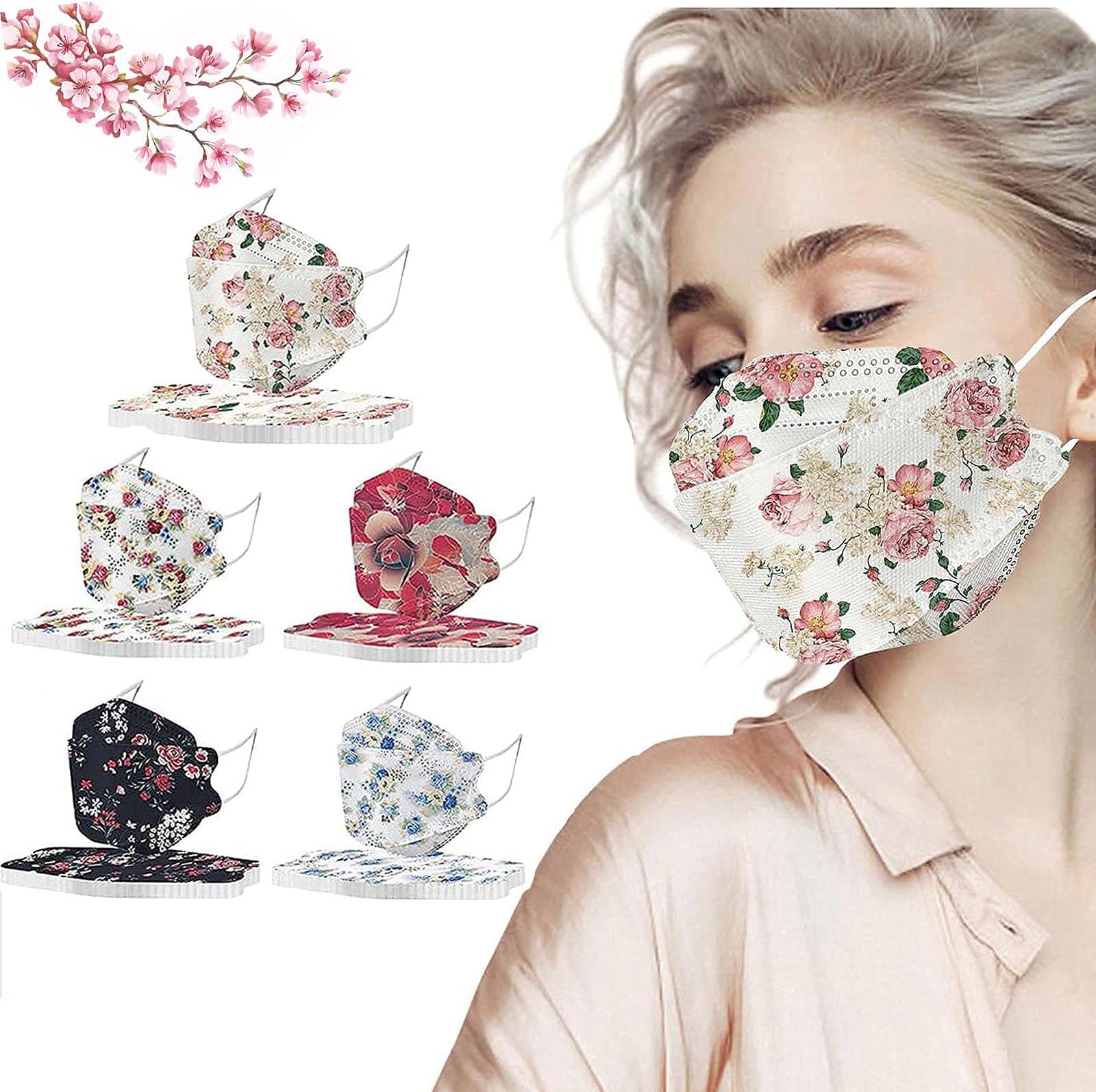 GAGAMO 50PC 3D Disposable Face_mask Fish Type with Flower for Women, 4-Ply Breathable Floral with Nose Wire, Protective Disposable_mask with Printed Design, Multicolor, 20x8 cm / 7.87x3.15 in