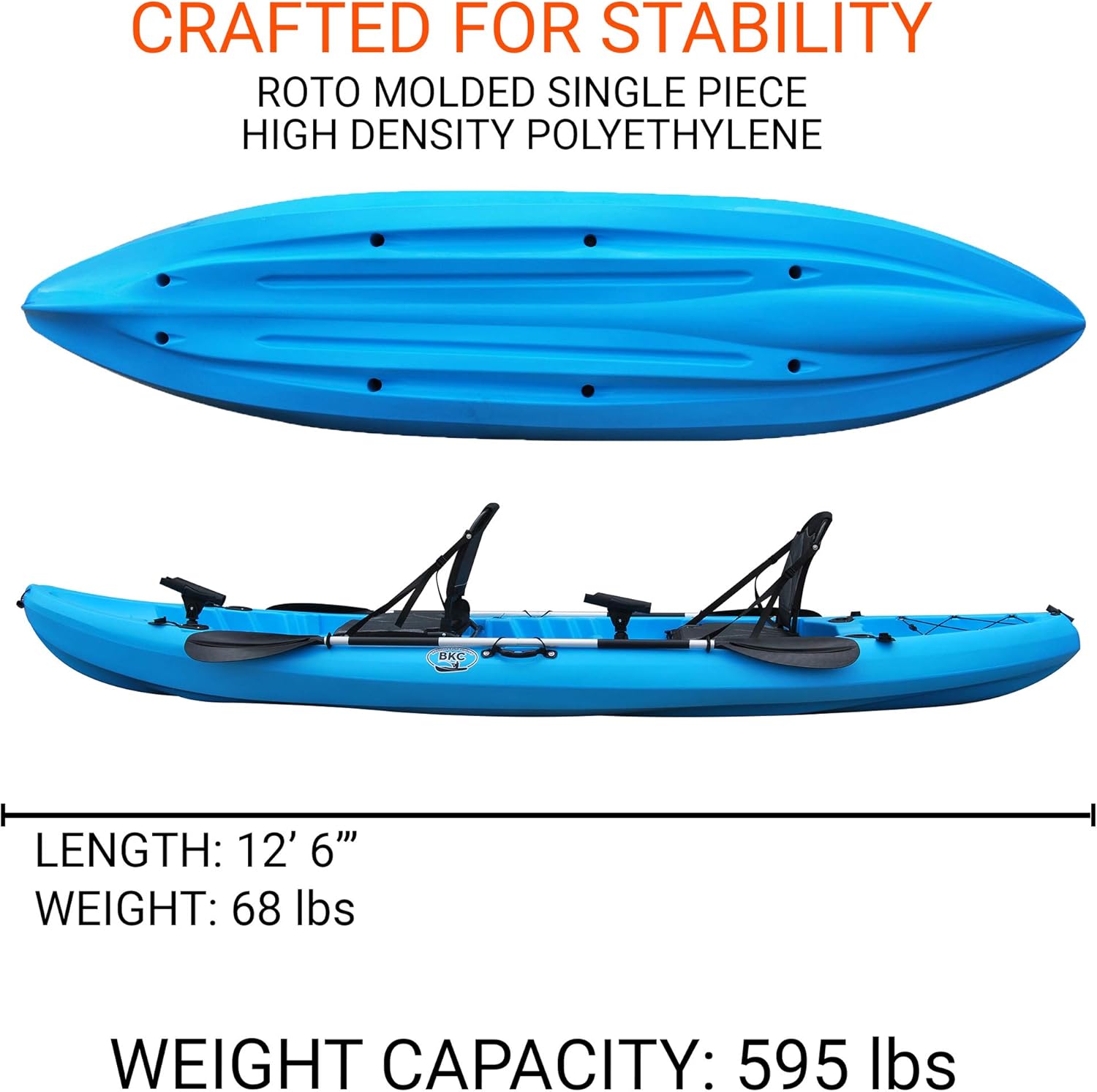 BKC TK219 12.2' Tandem SIt On Top Kayak W/Upright Aluminum Frame Backrest Support Seats, Paddles, 6 Fishing Rod Holders Included 2-3 Person Angler Kayak