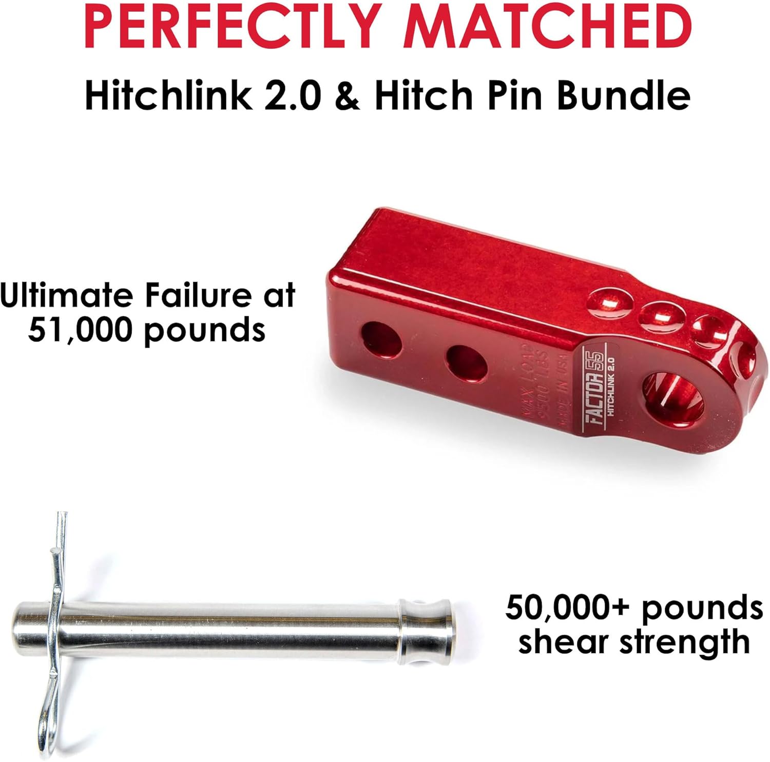 Factor 55 Shackle Mount Receiver HitchLink 2.0 Rated 9,500 lbs, Red, Bundle with a Factor 55 Quick Release Hitch Pin and Keychain