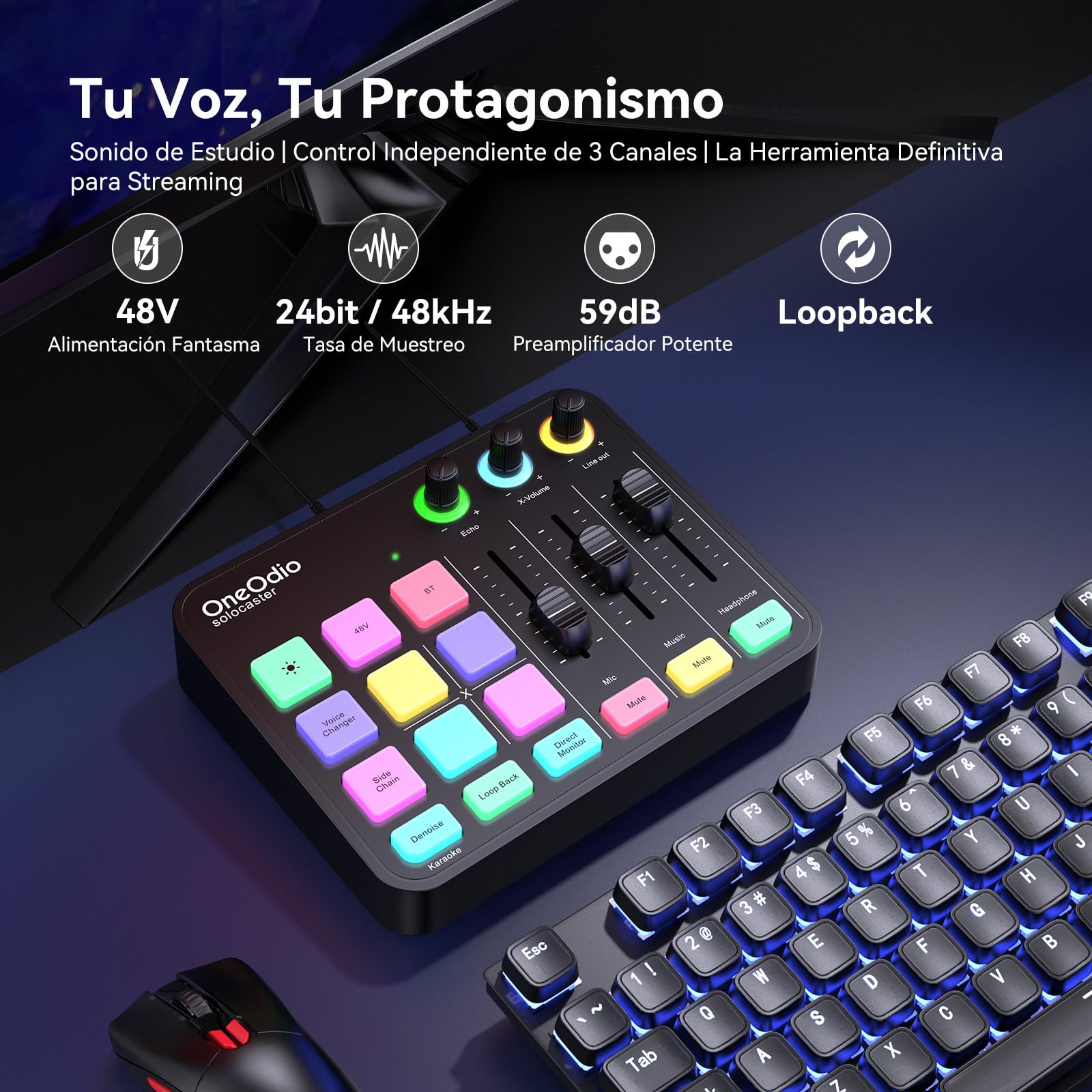 OneOdio Solocaster Mezclador de Audio para Gaming - Interfaz de 5 Canales con Alimentación Fantasma 48V, Bluetooth, Iluminación RGB, 3.5mm/XLR/USB-C, para Streaming/Podcast/Karaoke en PC, Mac y Móvil
