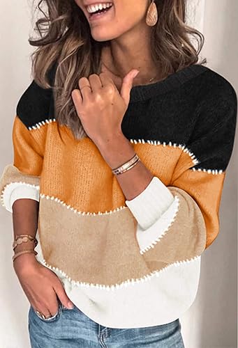 Miniatura 3 de Angashion Suéteres casuales de manga larga y cuello redondo para mujer, suéter de punto sin botones, de mosaico y con bloque