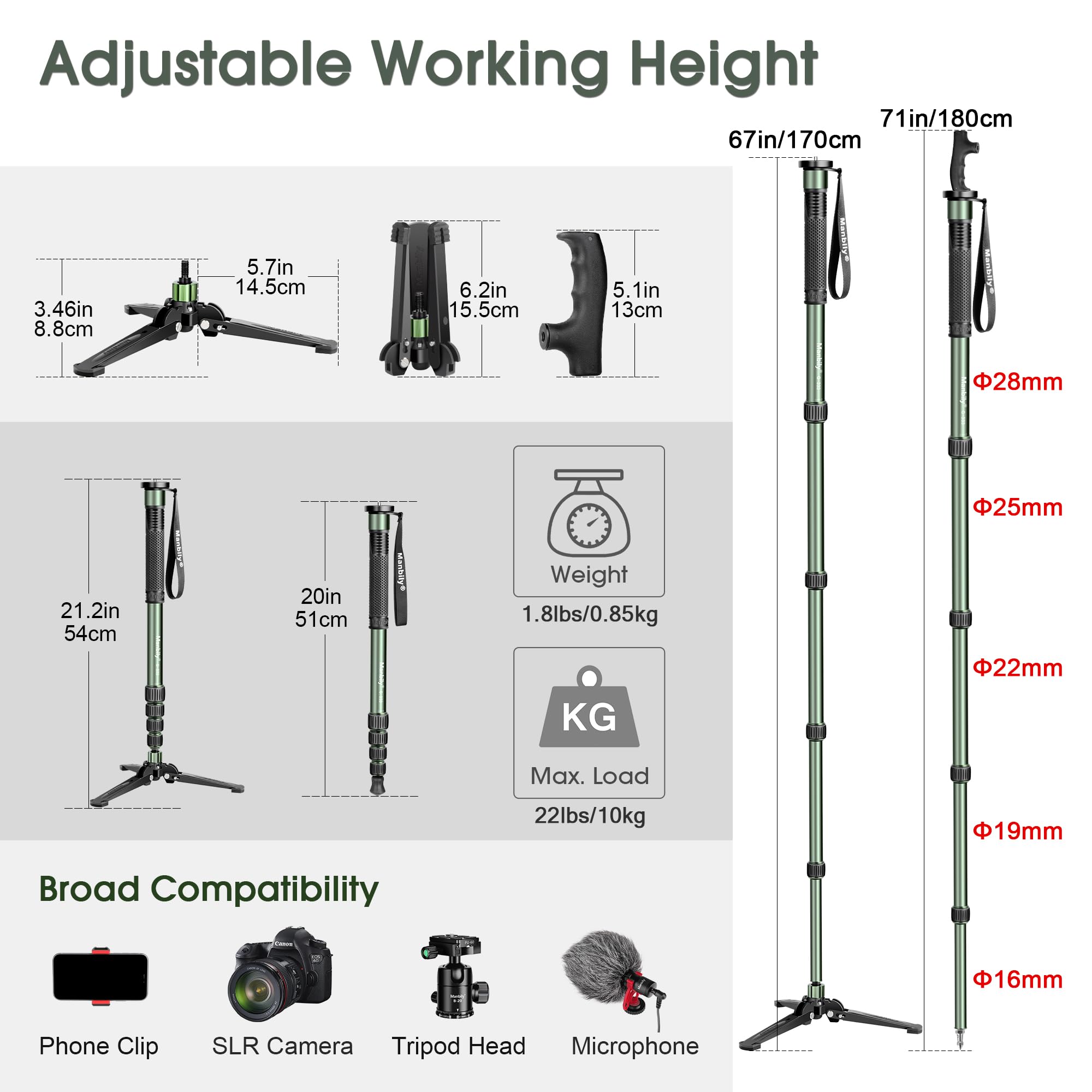 Manbily G-333 Monopode pour Appareils Photo 180cm avec Pied, Support de Poignée de Canne de Marche Aluminium Léger avec Base Trépied de Voyage, 5 Sections Max 10KG, pour Caméra DSLR Caméscope Reflex