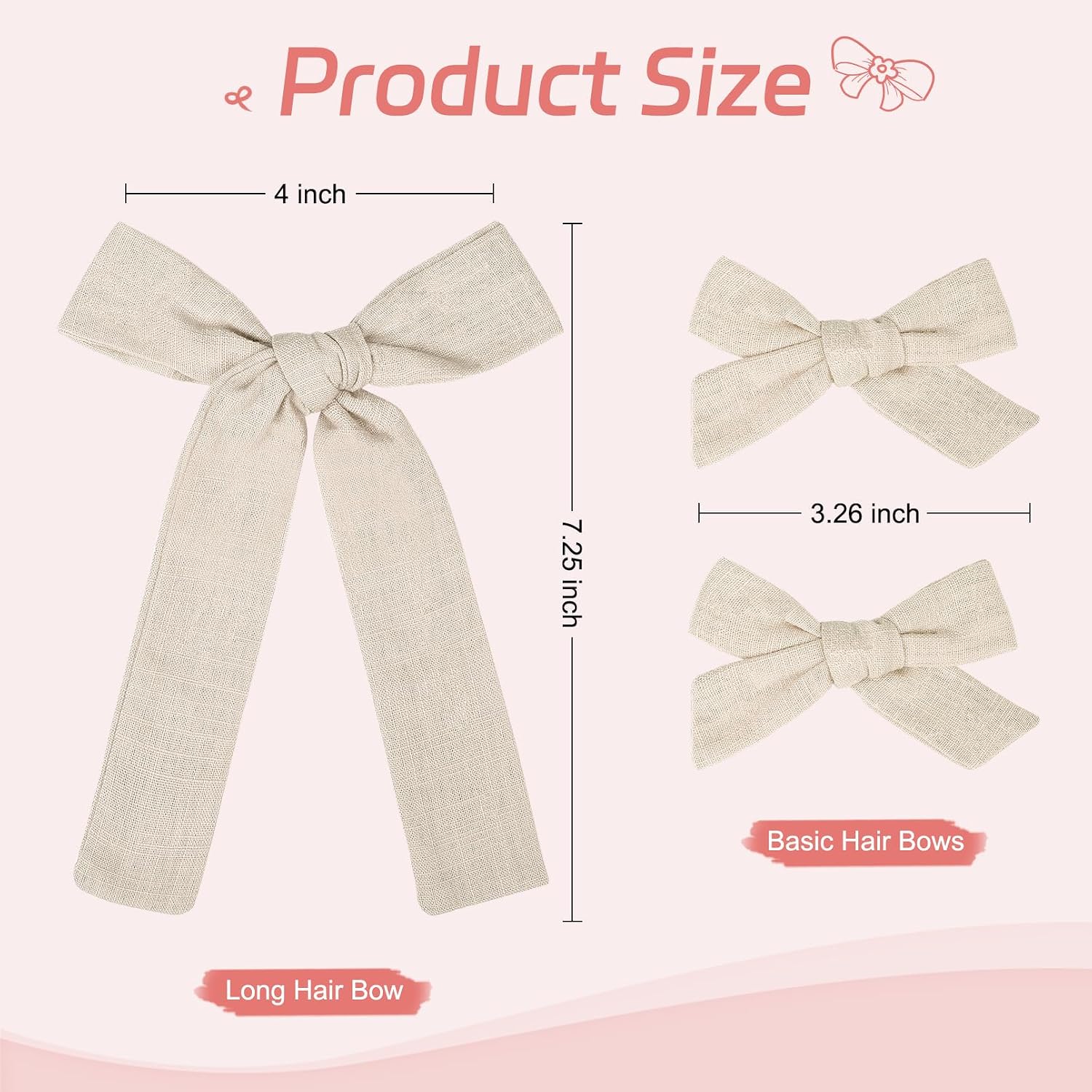 DEEKA Beige Cotton Linen Hair Bows 2 Sizes 5"&3.5" Soft Hair Bow set for Toddler Girls Long Ponytail Knot Bows Alligator Clip Hair Accessories for Little School Girls (Beige) image 3
