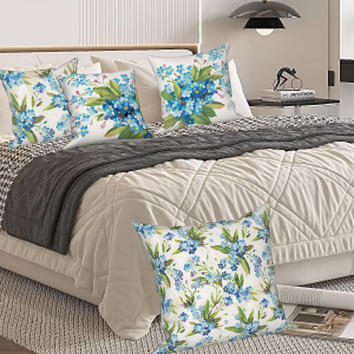 Blue Flower Throw Pillow Covers Green Leaves Watercolor Wildflower Plants Sweet Fresh Rustic Style 24x24 Set of 4 Square Cushion Covers Couch Sofa Bedroom Farmhouse Patio Garden Livingroom - Image 7