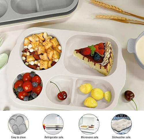 Miniatura 10 de shopwithgreen Juego de cubiertos de paja de trigo, 20 piezas de platos y cuencos divididos para niños pequeños, vajilla irrompible para microondas,