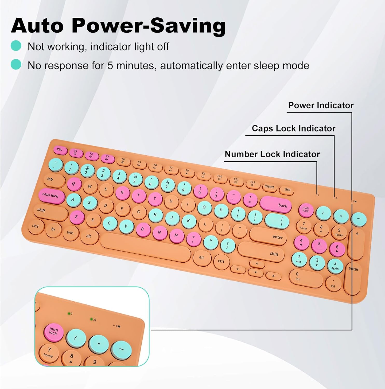 Wireless Keyboard and Mouse Combo, Retro Typewriter Keyboard with Round Keycaps, 2.4GHz USB Cute Wireless Keyboard Mouse for Computer, Desktop, Laptop and Computer (Orange Colorful)