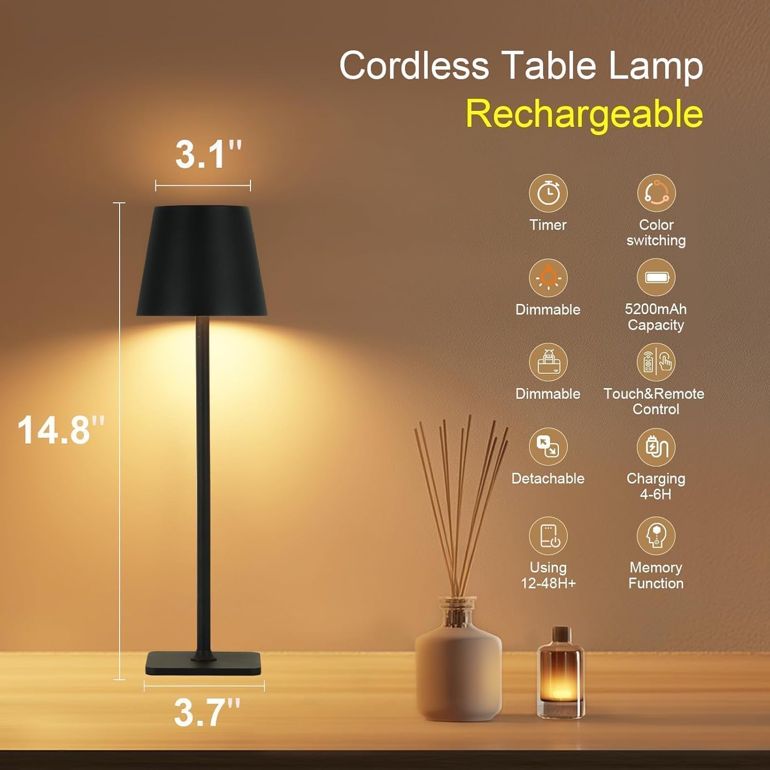Cordless Table Lamp with Timer, Czgor Rechargeable 5200mAh Battery Operated Lamp with Remote, Adjustable Height, 3-Color Stepless Dimming, Small LED Table Lamp for Bedroom Dining Office Outdoor(Black)