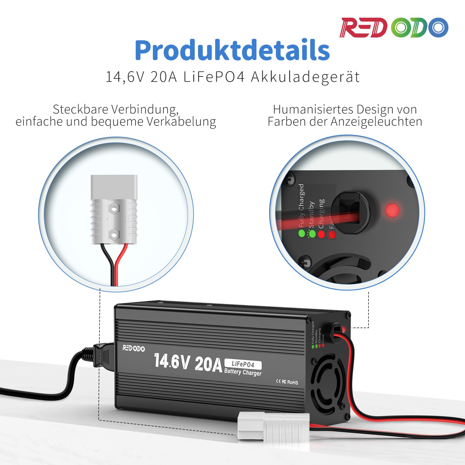 Redodo LiFePO4 akumulator 100 Ah 12,8 V z ładowarką LiFePO4 14,6 V 20 A, 5 godz. szybkie ładowanie 100 A BMS 4000+ cykli, 10 lat żywotności, ładowarka AC-DC, idealna do samochodów kempingowych, łodzi